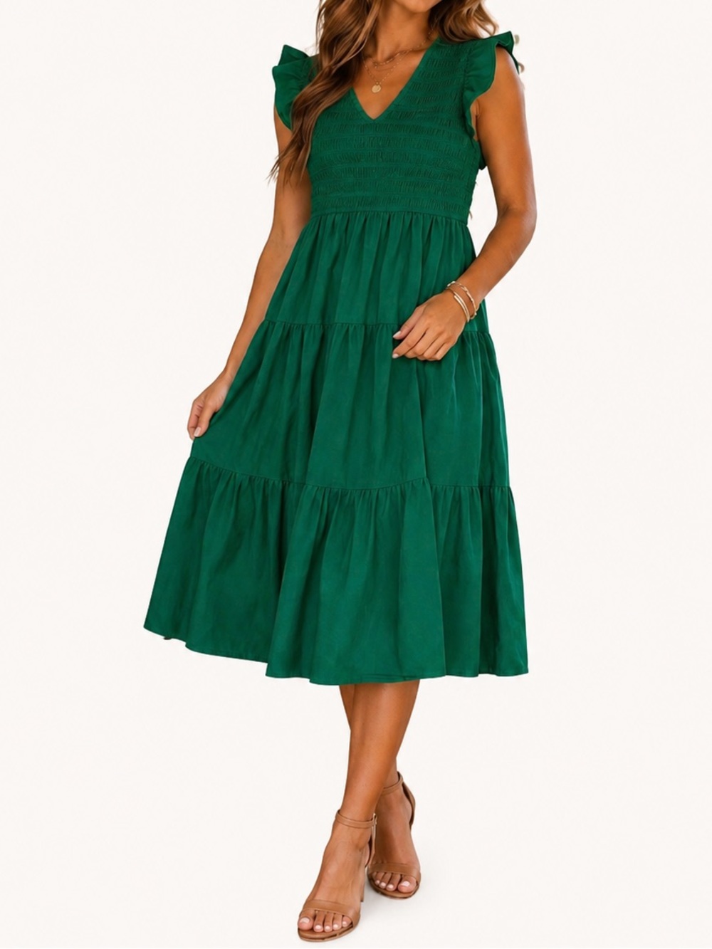 GiGiO Smocked Emerald Midi Dress Old Money Coastal Cottagecore M
